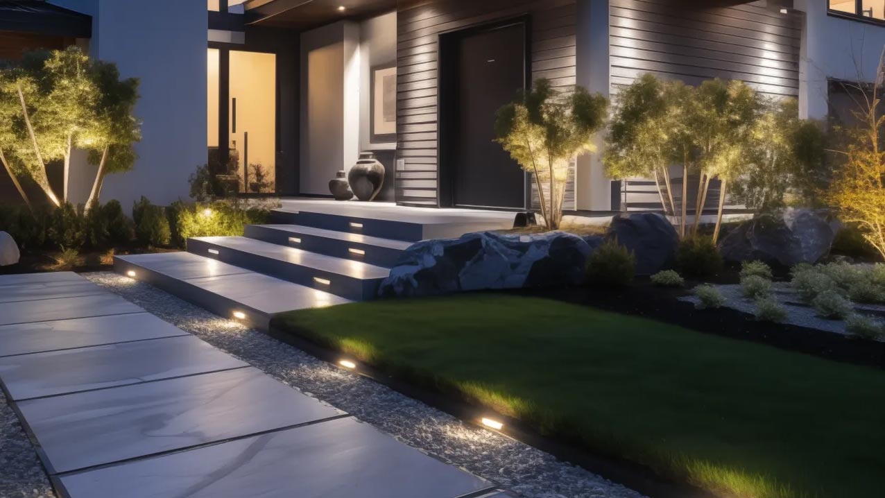 modern home with path lighting